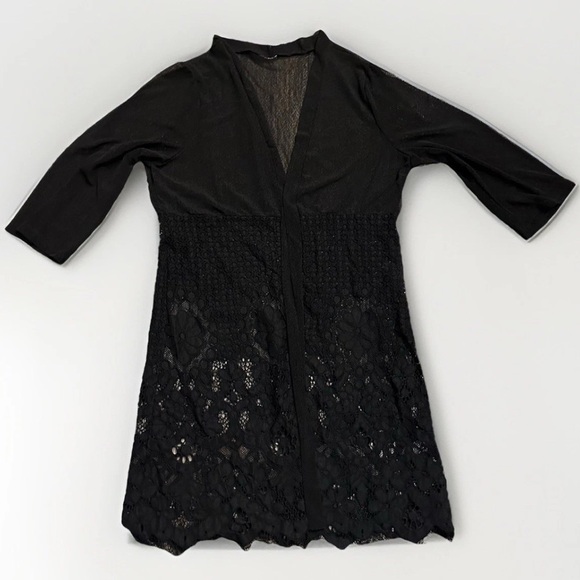 Kimono Cardigan Lace Cover Up One Size Black Mesh Boho 3/4 Sleeve Whimsigoth - Picture 1 of 10